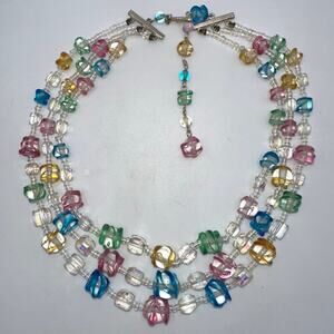 Japan vintage 3 multi strand multicolor AB art glass beaded graduated necklace